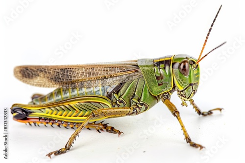 Macro Grasshopper Closeup, Detailed Band-Winged Insect, Isolated on White Background, Vibrant Colors, Nature