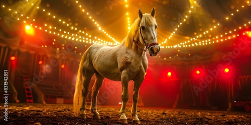 Fototapeta Naklejka Na Ścianę i Meble -  A festive circus white horse under bright yellow and red lights. Concept Circus Animals, Festive Lights, White Horse, Colorful Circus, Bright Yellow and Red