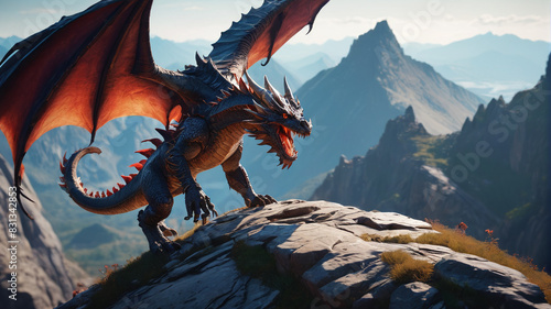 Atop the windswept cliffs of Dragon's Peak, a brave knight duels with a fearsome dragon, their clash echoing through the mountains as the fate of the realm hangs in the balance, Generative AI photo