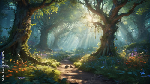 Deep within the enchanted forest, a hidden glade shimmers with the ethereal light of faerie magic, where woodland creatures gather to witness the coronation of the forest queen, Generative AI photo