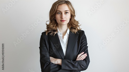 Confident business woman in a black suit. Professional portrait. Business attire for corporate image. Ideal for presentations or marketing materials. Neutral background. AI