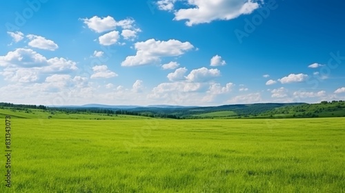 Vibrant summer landscape  green field under blue sky with fluffy clouds on a sunny day