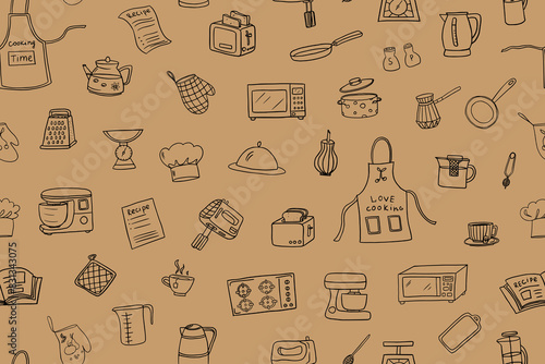 Seamless pattern of cooking utensils in doodle style. Microwave, mixer, toaster, kitchin tools, kitchen ware. Love cooking. Vector illustration for restaurant menu, recipe book, wallpaper photo