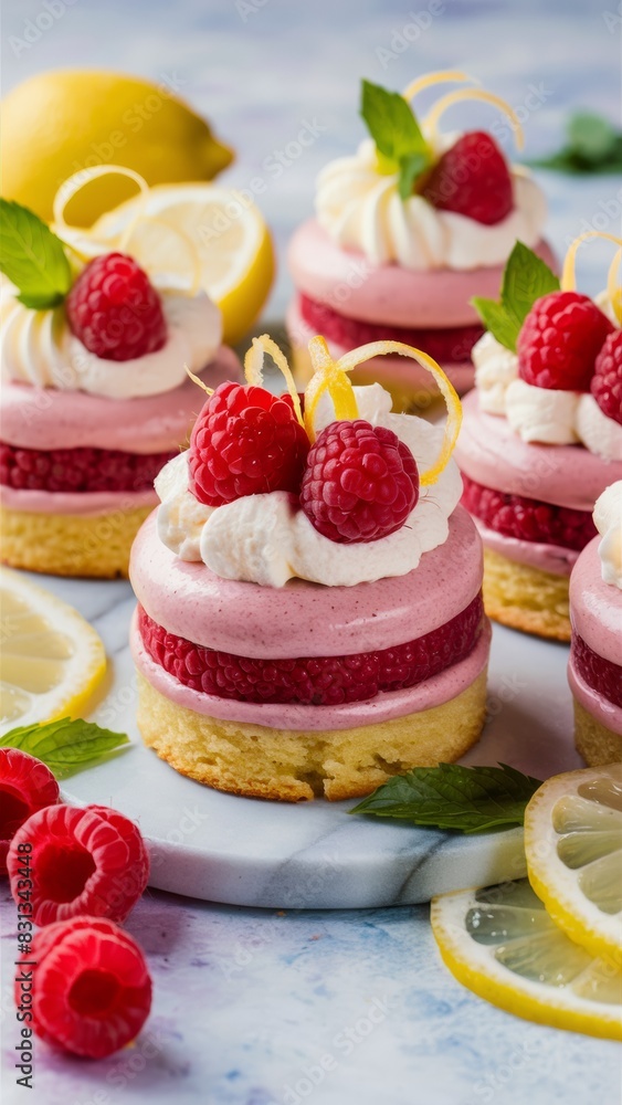 Mini cakes with raspberry-lemon mousse, decorated with whipped cream, fresh raspberries, lemon zest curls and mint leaves. Mini cakes with raspberry-lemon mousse, decorated with whipped cream, fresh raspberries, lemon zest curls and mint leaves.