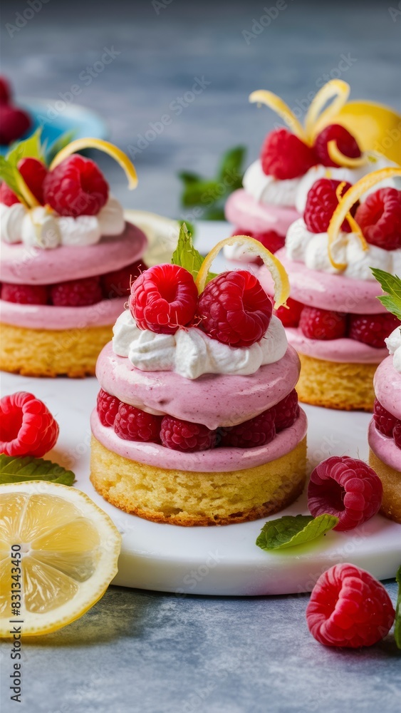 Mini cakes with raspberry-lemon mousse, decorated with whipped cream, fresh raspberries, lemon zest curls and mint leaves. Mini cakes with raspberry-lemon mousse, decorated with whipped cream, fresh raspberries, lemon zest curls and mint leaves.