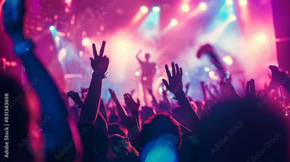 Energetic concert scene with crowd raising their hands under colorful stage lights. Vibrant music festival atmosphere with dynamic live performance. Energetic concert scene with crowd raising their hands under colorful stage lights. Vibrant music festival atmosphere with dynamic live performance.