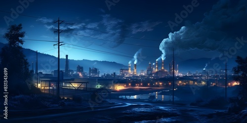 Industrial Landscape at Night: Gas-Fired Power Plant for Energy Production. Concept Night Photography, Industrial Landscapes, Gas-Fired Power Plant, Energy Production