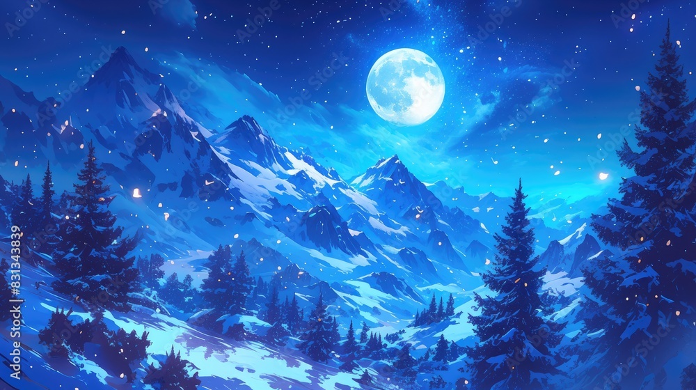 Capture the breathtaking beauty of a panoramic starlit landscape featuring a full moon rising behind majestic mountains and pine trees in a winter forest a stunning backdrop for spreading h