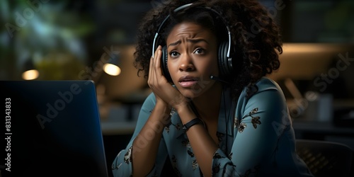 Stressed Black call center worker facing computer issues and job frustrations. Concept Job Stress, Computer Problems, Workplace Frustration, Call Center Troubles, Black Professionals