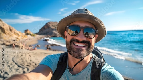 Smiling man enjoys sunny day at beach taking selfie. Capture of happy vacation moments. Ideal for travel and leisure promotions. AI © Irina Ukrainets