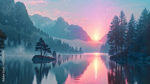 Misty morning view of a calm lake at sunrise. This beautiful view shows the peaceful atmosphere of a summer morning in the mountains photo