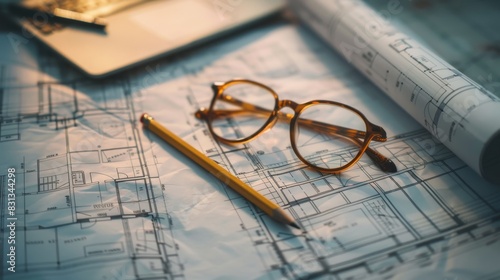 Blueprint floor plan architectural project on the table with pencil and glasses photo