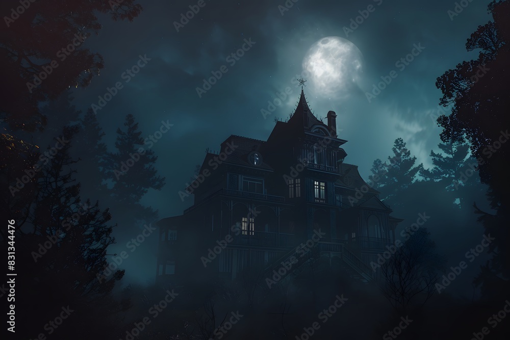 Spooky Haunted House in Foggy Forest with Full Moon Spooky Haunted House in Foggy Forest with Full Moon