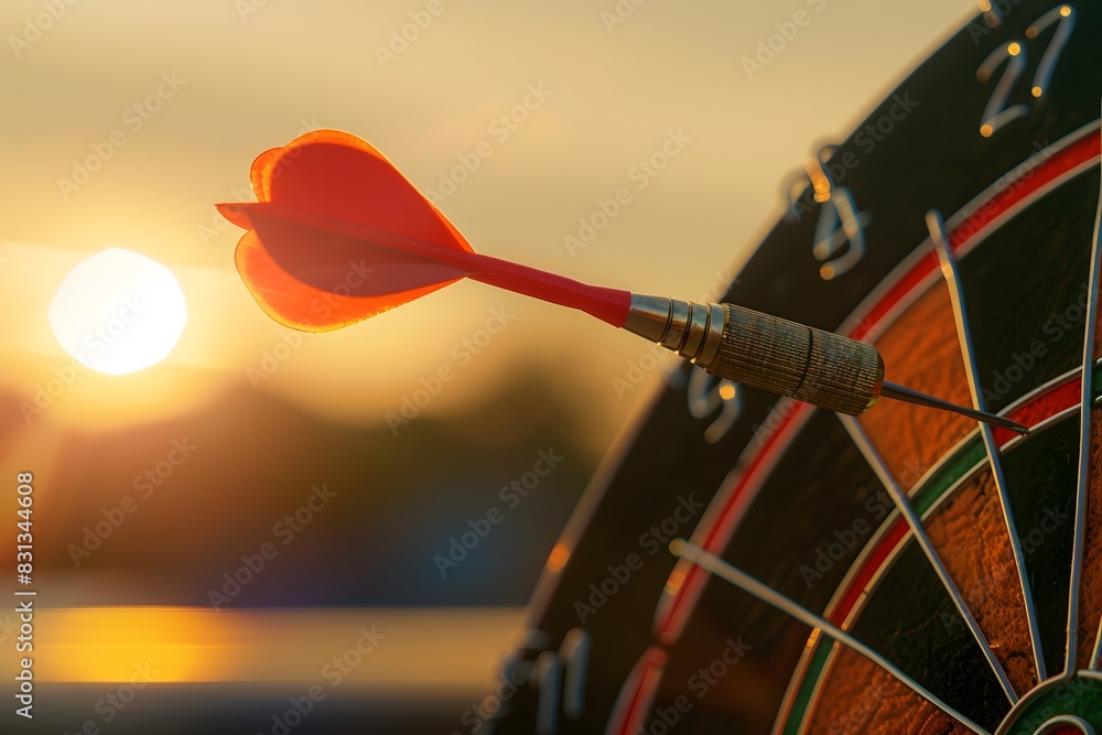 Red Dart Hitting Bullseye of Target at Sunset Red Dart Hitting Bullseye of Target at Sunset