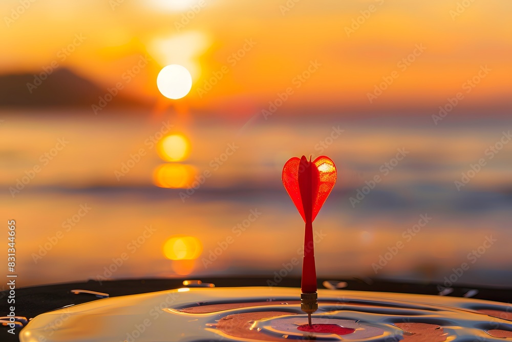 Red Dart Hitting Bullseye on Dartboard at Sunset Red Dart Hitting Bullseye on Dartboard at Sunset