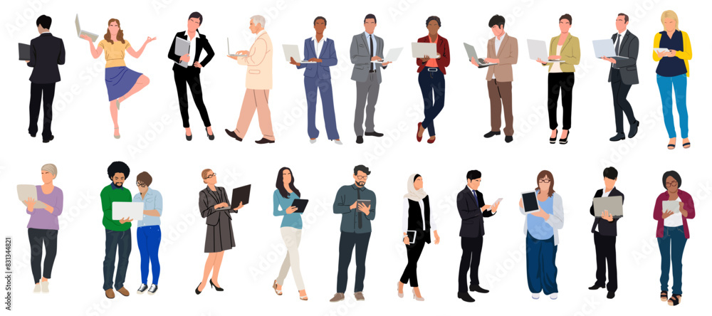 Business people with laptop, digital tablet. Different men, women in smart casual, formal office outfits working at computer. Vector realistic illustration isolated on transparent background.
