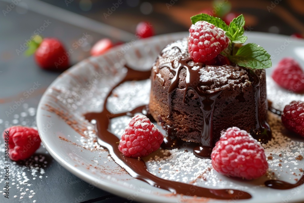 Gourmet chocolate lava cake topped with raspberries and mint, dusted with powdered sugar Gourmet chocolate lava cake topped with raspberries and mint, dusted with powdered sugar