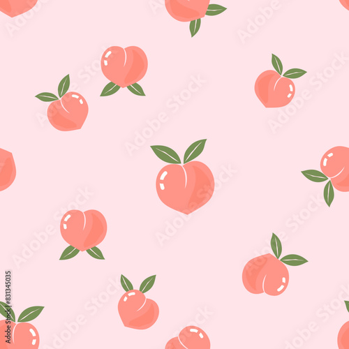 Seamless pattern with pink peach with green leaves on pink background vector. Cute fruit print.