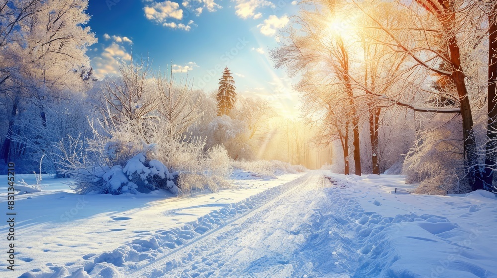 Snow covered winter scenery with the sun shining on the natural landscape Snow covered winter scenery with the sun shining on the natural landscape