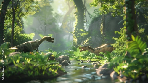 Prehistoric Jungle Scene with Dinosaurs by a Stream in Lush Greenery photo