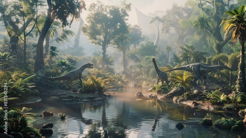 Prehistoric Jungle with Dinosaurs by a Tranquil River