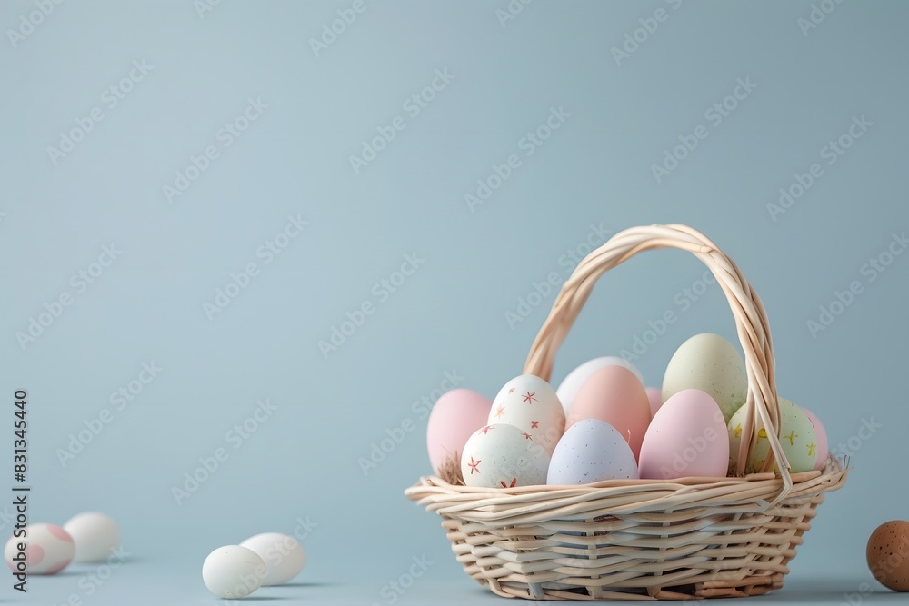 Easter eggs in basket on light blue background Easter eggs in basket on light blue background