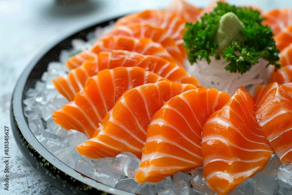 Succulent slices of raw salmon sashimi served on a bed of crushed ice with garnish Succulent slices of raw salmon sashimi served on a bed of crushed ice with garnish