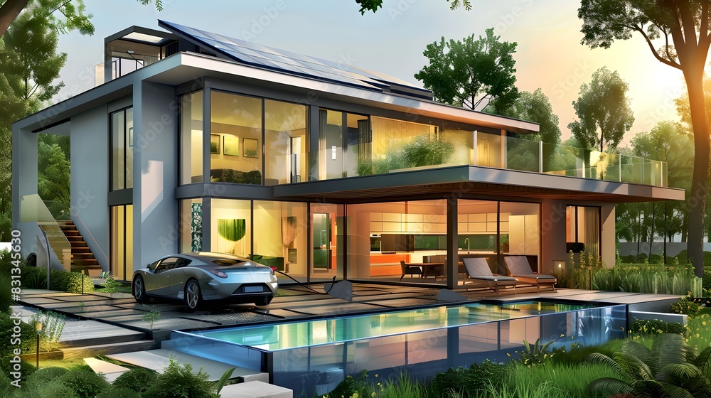 Modern luxury house with car beside pool. Beautiful sunset lighting. AI-generated image for architecture inspiration. Contemporary design. Touch of nature. Stylish and functional. AI Modern luxury house with car beside pool. Beautiful sunset lighting. AI-generated image for architecture inspiration. Contemporary design. Touch of nature. Stylish and functional. AI