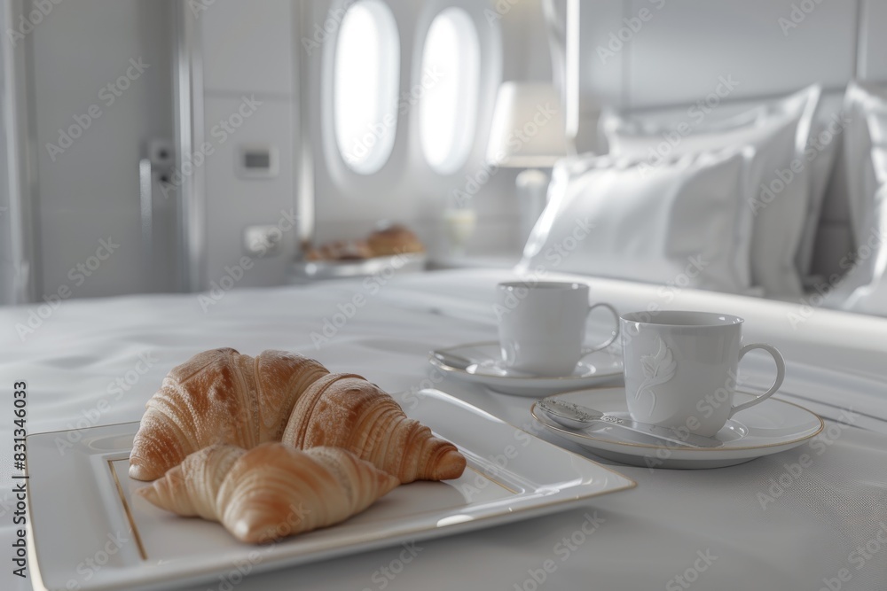 Airplane breakfast with croissants and coffee, set on a tray table, perfect for a comfortable and satisfying meal during travel Airplane breakfast with croissants and coffee, set on a tray table, perfect for a comfortable and satisfying meal during travel