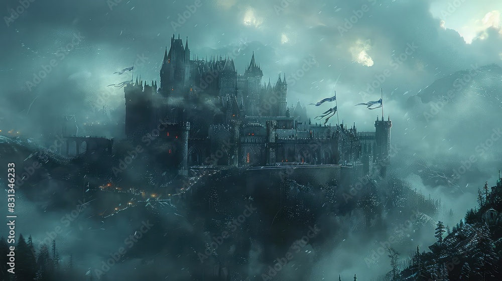 Fototapeta premium A grand medieval castle on a hilltop, surrounded by mist, with banners fluttering, Gothic architecture, dark tones, dramatic lighting, fantasy illustration,