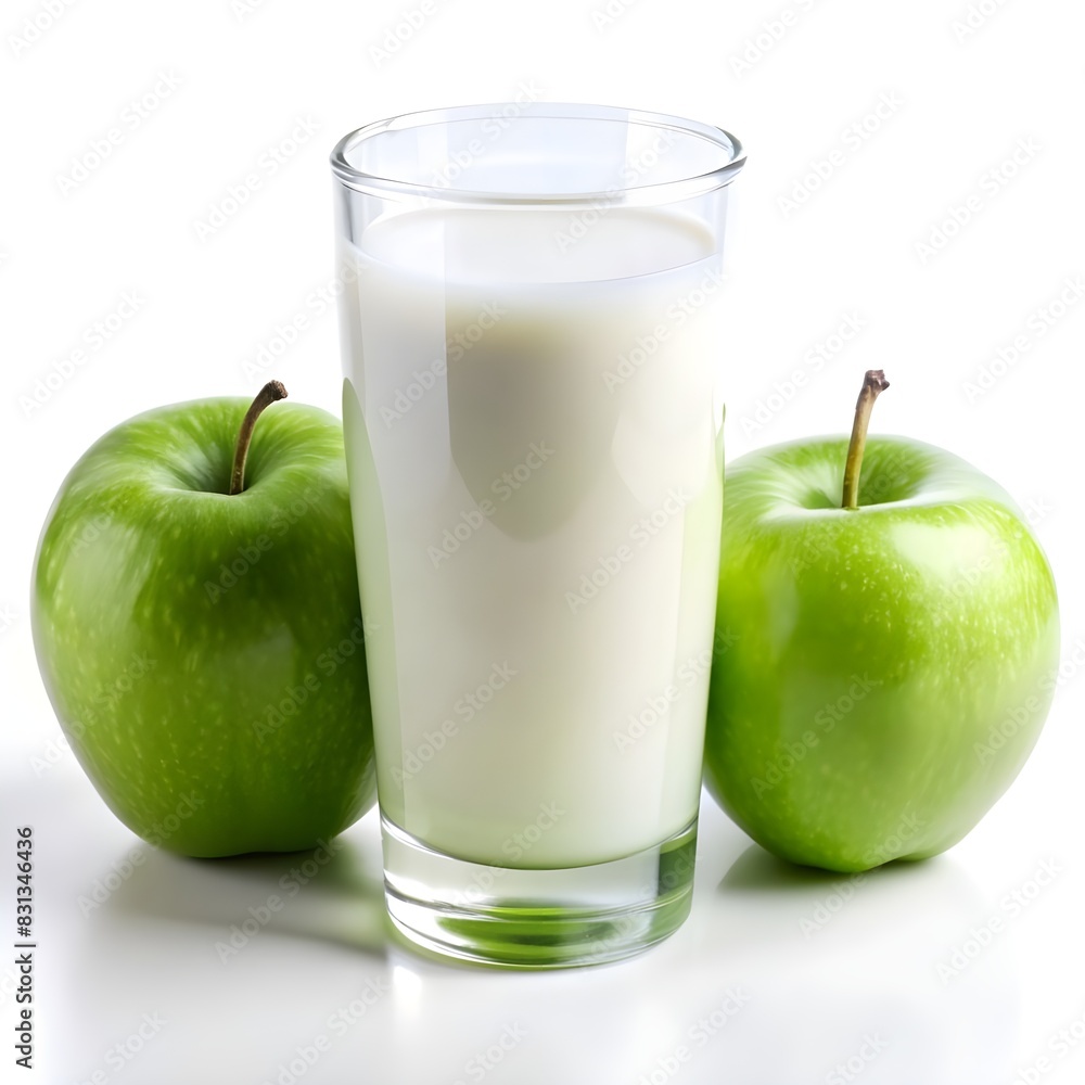 a glass of milk next to a green apple and a green a glass of milk next to a green apple and a green