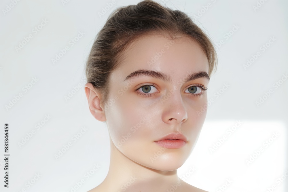close up face portrait of young pretty Caucasian woman with bright flawless skin, beauty cosmetic or skincare fashion portrait with copy space isolated on white background, close up face portrait of young pretty Caucasian woman with bright flawless skin, beauty cosmetic or skincare fashion portrait with copy space isolated on white background,