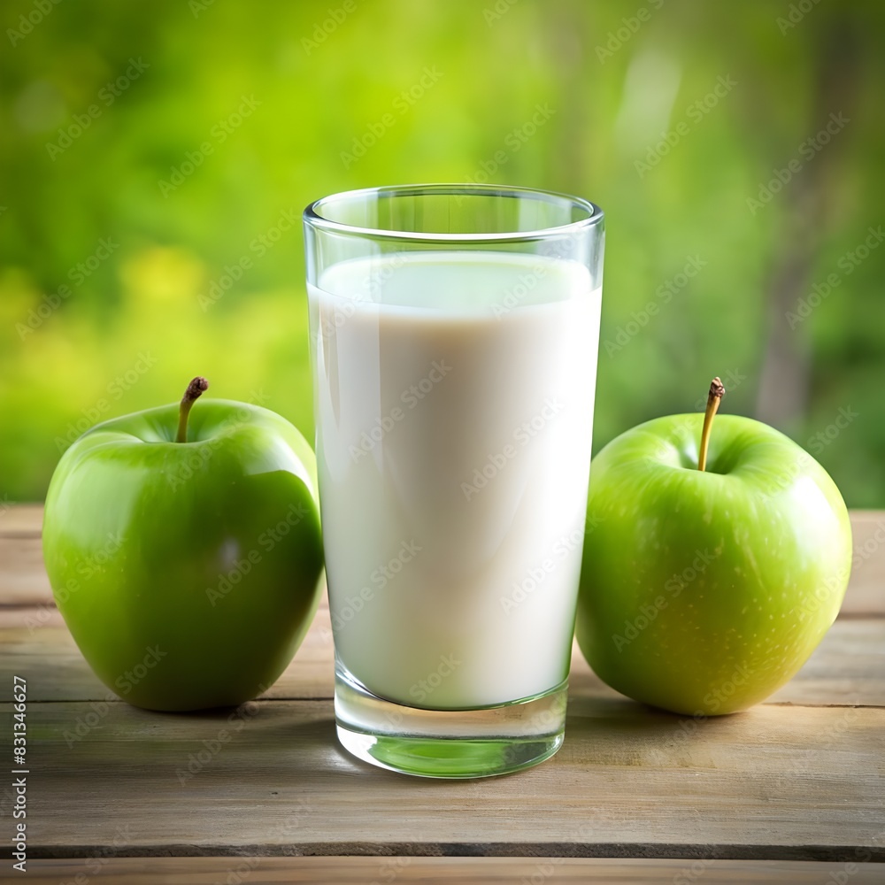 a glass of milk next to a green apple and a green a glass of milk next to a green apple and a green