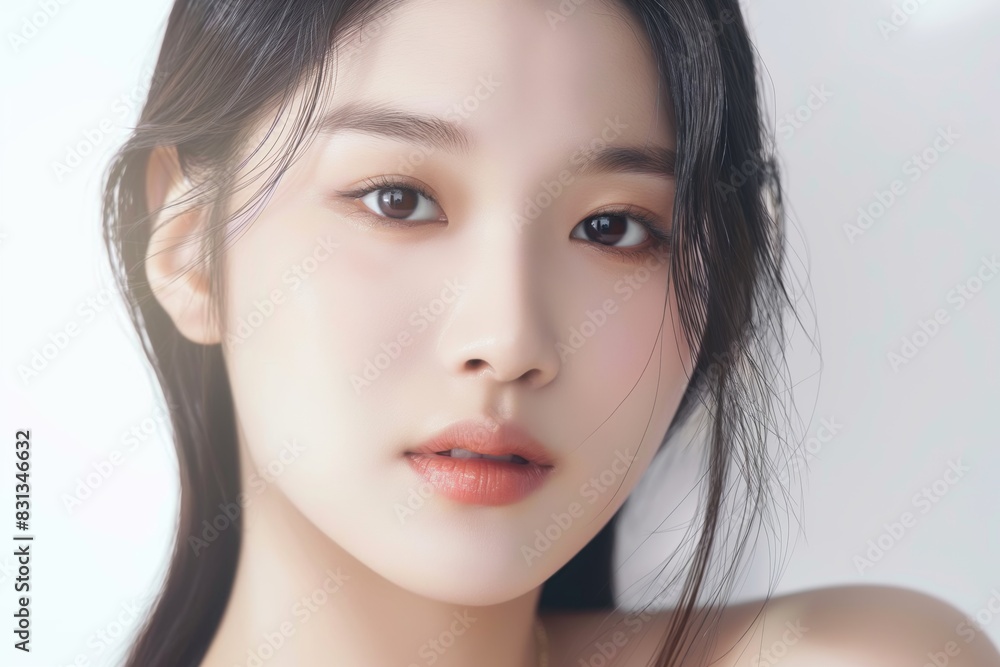 Fototapeta premium close up face portrait of young pretty Asian woman with bright flawless skin, beauty cosmetic or skincare fashion portrait with copy space