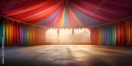 Vibrant circus tent background with room for retro entertainment themes. Concept Circus Tent Backdrops, Retro Entertainment, Vibrant Theme, Fun Props, Colorful Atmosphere photo