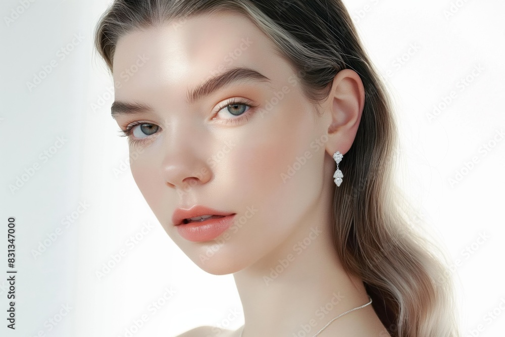 Fototapeta premium close up face portrait of young pretty Caucasian woman with bright flawless skin, beauty cosmetic or skincare fashion portrait with copy space isolated on white background,