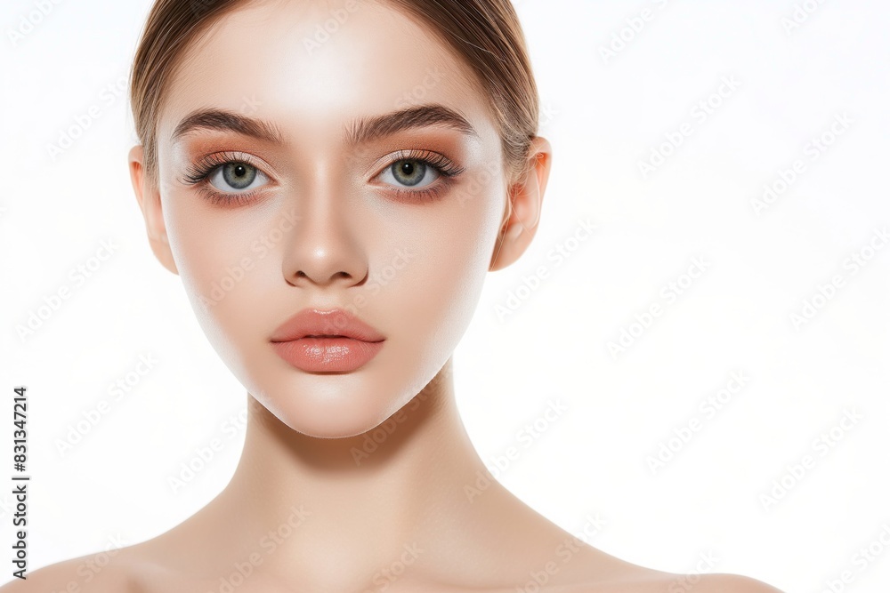 close up face portrait of young pretty Caucasian woman with bright flawless skin, beauty cosmetic or skincare fashion portrait with copy space isolated on white background, close up face portrait of young pretty Caucasian woman with bright flawless skin, beauty cosmetic or skincare fashion portrait with copy space isolated on white background,