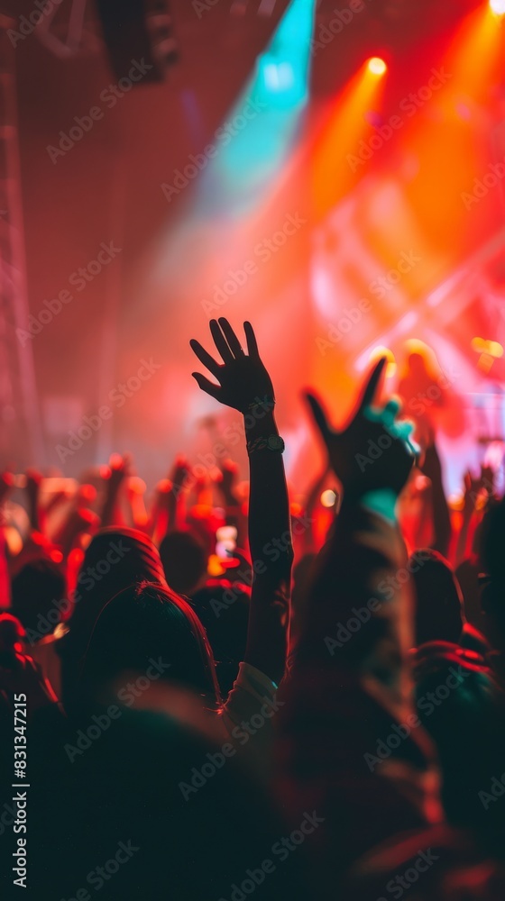 Lively concert crowd with hands in the air enjoying a music festival under bright stage lights. Perfect for capturing the fun and excitement. Lively concert crowd with hands in the air enjoying a music festival under bright stage lights. Perfect for capturing the fun and excitement.