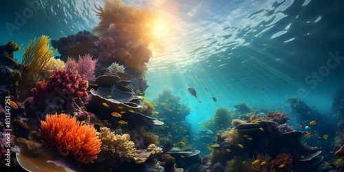 Vibrant coral reefs teeming with diverse marine life showcase the beauty of oceans. Concept Marine Life, Coral Reefs, Ocean Conservation, Underwater Photography, Biodiversity photo