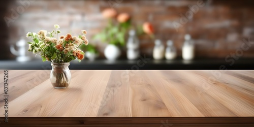 Wooden table with blurred kitchen background designed for flexibility and visual appeal. Concept Kitchen Decor  Wooden Table  Blurred Background  Flexibility  Visual Appeal
