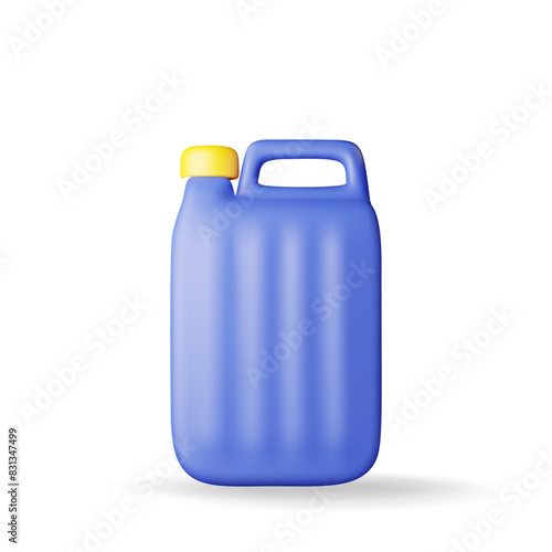 3D bottle with liquid detergent isolated. Render canister icon with cleaner or dishwashing. Plastic bottle with dispenser for cleaning products. Vector illustration