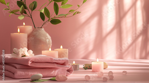 Spa Setup with Candles, Towels, and Greenery on Pink Background. Relaxing Spa Essentials with Candles and Towels in Soft Lighting