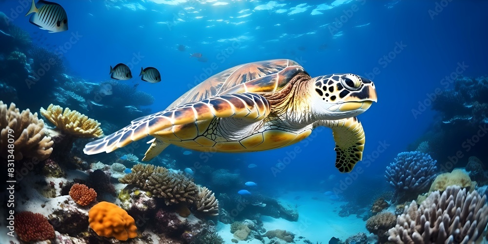 Hawksbill Turtle's Swim in the Coral Reef of the Indian Ocean in Maldives. Concept Maldives, Indian Ocean, Hawksbill Turtle, Coral Reef, Marine Life