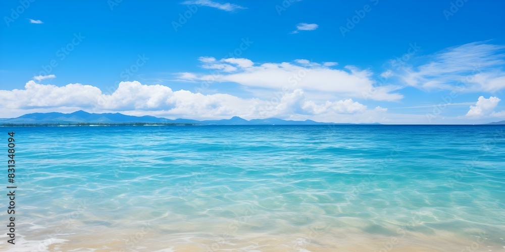 Capturing Vast Peacefulness: Tranquil Ocean and Blue Sky Through a Wide-Angle Lens. Concept Wide-Angle Ocean View, Tranquil Landscapes, Blue Sky Photography, Peaceful Seascapes
