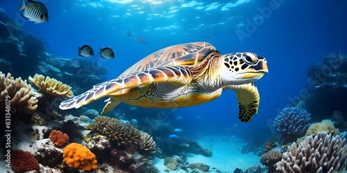 Hawksbill Turtle's Swim in the Coral Reef of the Indian Ocean in Maldives. Concept Maldives, Indian Ocean, Hawksbill Turtle, Coral Reef, Marine Life