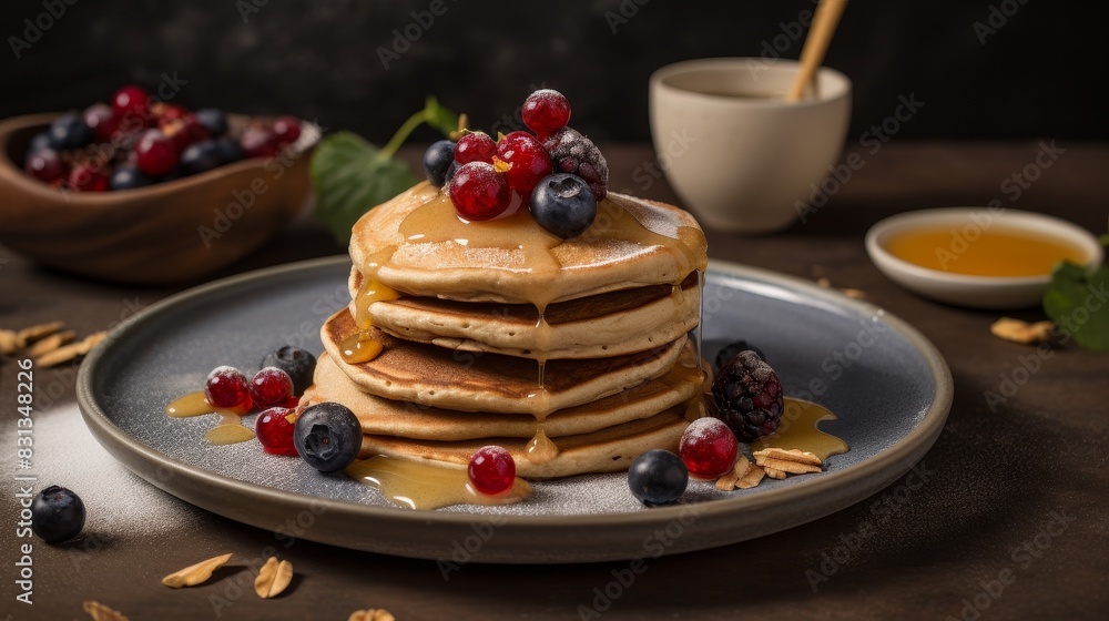 A stack of fluffy pancakes with berries and syrup close-up