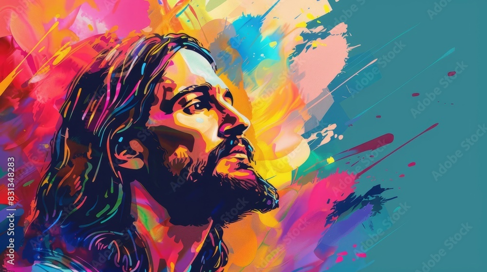 Naklejka premium jesus christ portrait on abstract colorful background vector illustration with copy space religious art