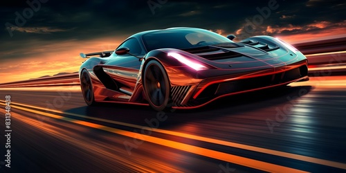 Speeding down a neon-lit highway: a fast sports car accelerates under the night track lights. Concept Nighttime drives, Neon lights, Fast cars, Speed thrills, Urban vibes