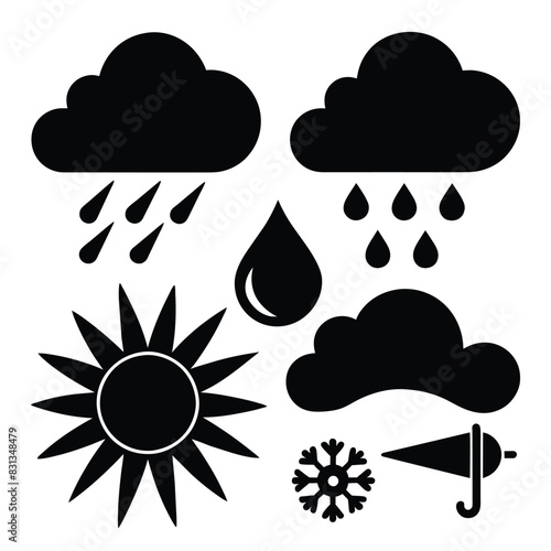 Set of Black and white rain weather vector on white background photo