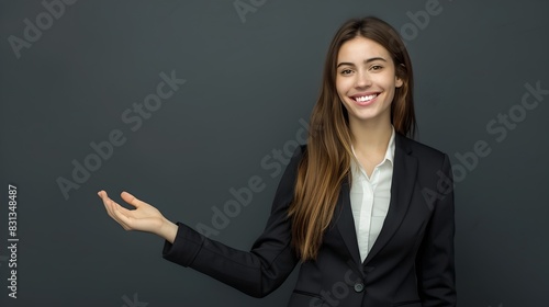 Woman in business suit gesturing to side. Professional attire for corporate meetings. Artificially created for business presentation and conceptual use. Studio shot with plain backdrop. AI photo